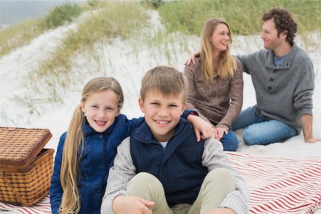 simsearch:400-07267308,k - Portrait of a happy family of four enjoying picnic at the beach Fotografie stock - Microstock e Abbonamento, Codice: 400-07267332