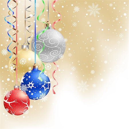 The multicolored christmas bauble and ribbons on the light mesh background Stock Photo - Budget Royalty-Free & Subscription, Code: 400-07260585