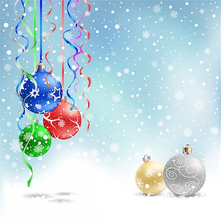 The multicolored christmas bauble and ribbons on the azure mesh background Stock Photo - Budget Royalty-Free & Subscription, Code: 400-07260587