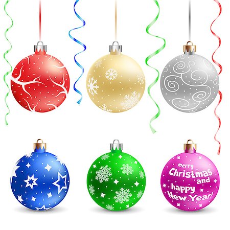 The multicolored christmas bauble and ribbons isolated on the white background Stock Photo - Budget Royalty-Free & Subscription, Code: 400-07260581