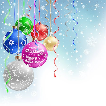 The multicolored christmas bauble and ribbons on the blue mesh background Stock Photo - Budget Royalty-Free & Subscription, Code: 400-07260583