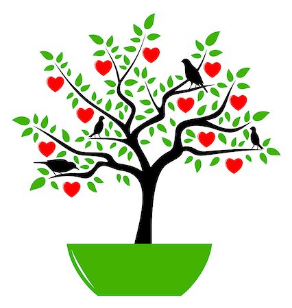 vector heart tree in pot and birds isolated on white background, Adobe Illustrator 8 format Stock Photo - Budget Royalty-Free & Subscription, Code: 400-07261331