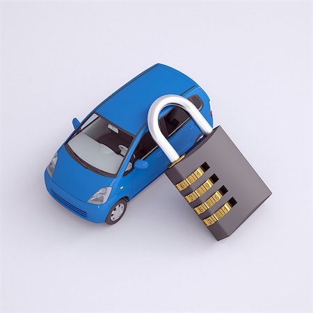 simsearch:400-04325748,k - Blue small car and combination lock. 3d render on gray background Stockbilder - Microstock & Abonnement, Bildnummer: 400-07262386