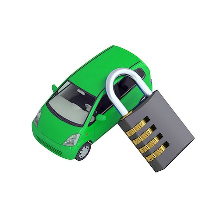 simsearch:400-08623771,k - Green small car and combination lock. 3d render isolated on white background Photographie de stock - Aubaine LD & Abonnement, Code: 400-07262387