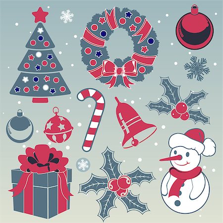 simsearch:400-07105067,k - Set Christmas Icons in flat style and vintage colors with Tree, Snowman, Candy, Snowflake, vector Stock Photo - Budget Royalty-Free & Subscription, Code: 400-07262557