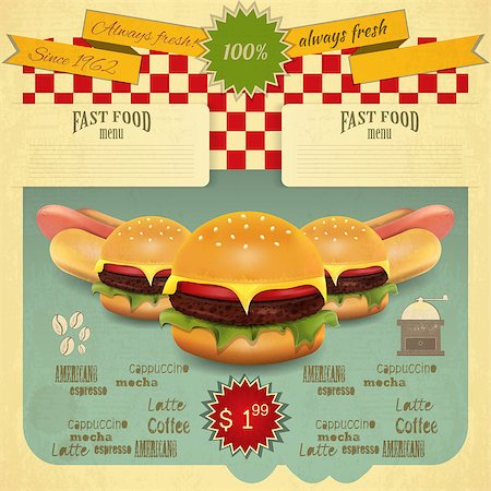 simsearch:400-05745151,k - Retro Fast Food Menu. Hamburger and Hot Dogs. Vector illustration Stock Photo - Budget Royalty-Free & Subscription, Code: 400-07262834