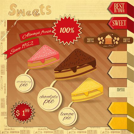 Cafe Confectionery Menu Card in Retro style. Cakes. Vector illustration Stock Photo - Budget Royalty-Free & Subscription, Code: 400-07262837