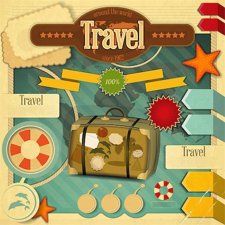 sea postcards vector - Summer Vacation Card in Vintage Style. Retro Travel Postcard with Summer Items in Old Style. Design Elements. Vector Illustration. Stock Photo - Budget Royalty-Free & Subscription, Code: 400-07263004