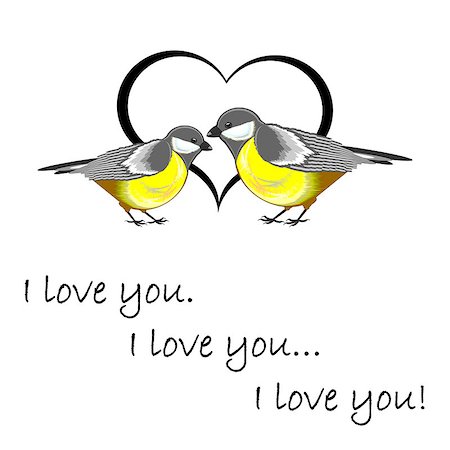 A couple of cute titmice with a heart and words "I love you". Valentine's Day postcard. Vector-art illustration on a white background Stock Photo - Budget Royalty-Free & Subscription, Code: 400-07263029