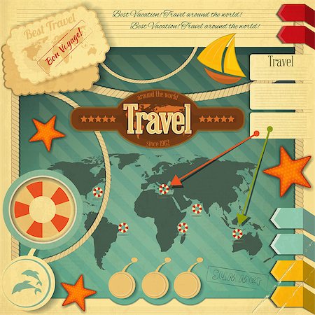 sea postcards vector - Summer Vacation Card in Vintage Style. Retro Travel Postcard with Summer Items in Old Style. Design Elements. Square format. Vector Illustration. Stock Photo - Budget Royalty-Free & Subscription, Code: 400-07263039