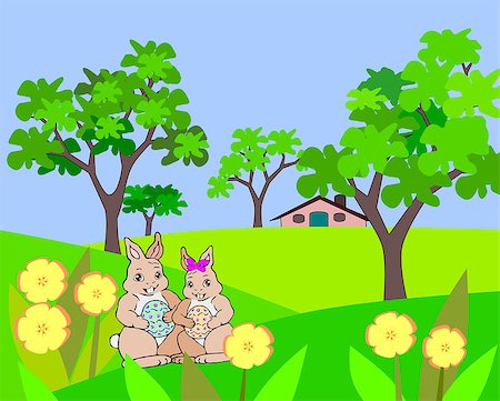 simsearch:400-07548489,k - Two hares with painted     Easter eggs standing in a     garden with trees and     yellow flowers. Stock Photo - Budget Royalty-Free & Subscription, Code: 400-07263196