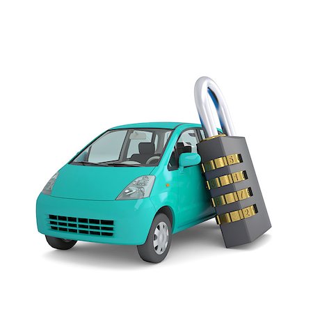 simsearch:400-04531638,k - Turquoise small car and combination lock. 3d render isolated on white background Fotografie stock - Microstock e Abbonamento, Codice: 400-07263387