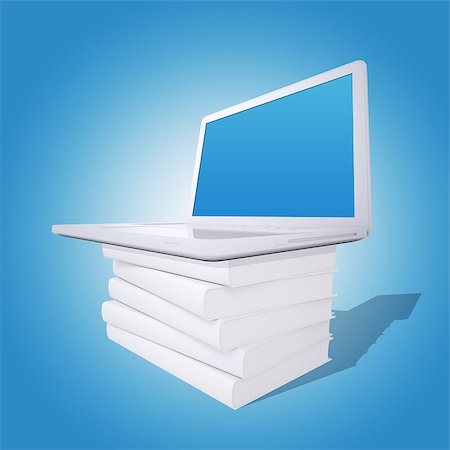 Laptop on a pile of white books. Blue background. Laptop screen is empty Stock Photo - Budget Royalty-Free & Subscription, Code: 400-07263436