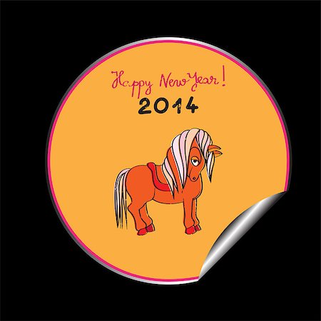 simsearch:400-07614122,k - Hand drawn illustration of a toy horse cartoon, Happy New Year 2014 orange sticker isolated on black Stock Photo - Budget Royalty-Free & Subscription, Code: 400-07263558