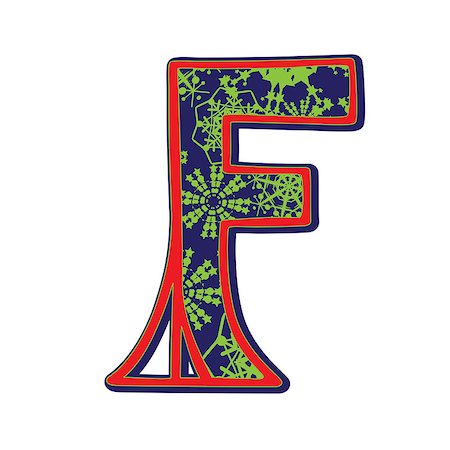 simsearch:400-07263571,k - Hand drawn illustration of the F capital letter with a green winter snowflakes ornamentation on dark blue, one element isolated on white Stock Photo - Budget Royalty-Free & Subscription, Code: 400-07263566