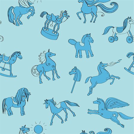 Toy horses doodles pattern, hand drawn illustrations over a blue background Stock Photo - Budget Royalty-Free & Subscription, Code: 400-07263560