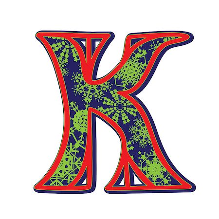 simsearch:659-07028791,k - Hand drawn illustration of the K capital letter with a green winter snowflakes ornamentation on dark blue, one element isolated on white Stock Photo - Budget Royalty-Free & Subscription, Code: 400-07263571