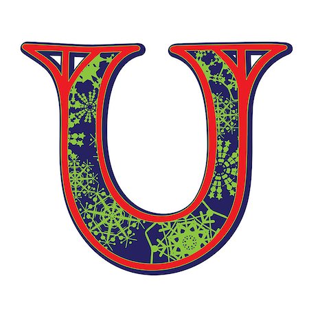 simsearch:400-08426680,k - Hand drawn illustration of the U capital letter with a green winter snowflakes ornamentation on dark blue, one element isolated on white Foto de stock - Super Valor sin royalties y Suscripción, Código: 400-07263581