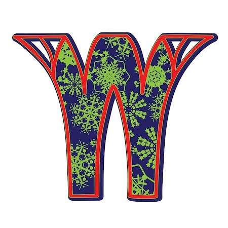 simsearch:400-07263571,k - Hand drawn illustration of the W capital letter with a green winter snowflakes ornamentation on dark blue, one element isolated on white Stock Photo - Budget Royalty-Free & Subscription, Code: 400-07263583