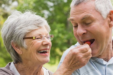 simsearch:400-07275058,k - Closeup of a senior woman feeding strawberry to man at the park Fotografie stock - Microstock e Abbonamento, Codice: 400-07274981