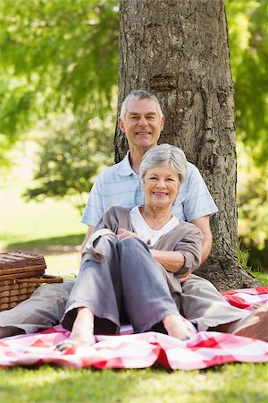 simsearch:400-07275058,k - Happy senior man embracing woman from behind at the park Fotografie stock - Microstock e Abbonamento, Codice: 400-07275052