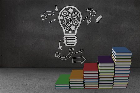 Steps made of books in front of light bulb drawing on blackboard wall Stock Photo - Budget Royalty-Free & Subscription, Code: 400-07277200