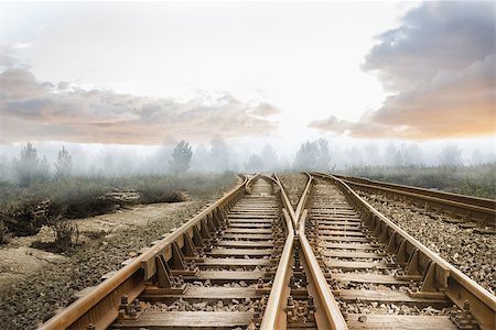 simsearch:400-07446838,k - Railway tracks leading to misty forest Photographie de stock - Aubaine LD & Abonnement, Code: 400-07277224