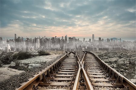 simsearch:400-07446838,k - Railway tracks leading to big city Photographie de stock - Aubaine LD & Abonnement, Code: 400-07277225