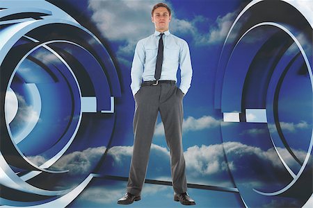 simsearch:400-07446676,k - Serious businessman standing with hands in pockets against clouds in a futuristic structure Foto de stock - Super Valor sin royalties y Suscripción, Código: 400-07277965