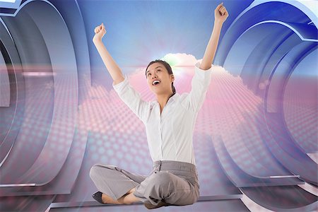 simsearch:400-07341358,k - Businesswoman sitting cross legged cheering against cloud design on a futuristic structure Foto de stock - Super Valor sin royalties y Suscripción, Código: 400-07278230