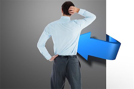picture of man with arrow in head - Thinking businessman with hand on head against blue arrow graphic Stock Photo - Budget Royalty-Free & Subscription, Code: 400-07278394