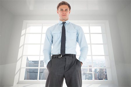 simsearch:400-07446676,k - Serious businessman standing with hands in pockets against room with large window showing city Foto de stock - Super Valor sin royalties y Suscripción, Código: 400-07278489