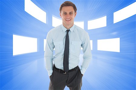 simsearch:400-07446676,k - Happy businessman standing with hands in pockets against bright blue room with windows Foto de stock - Super Valor sin royalties y Suscripción, Código: 400-07278491