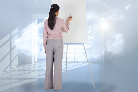 simsearch:400-07277816,k - Businesswoman painting on an easel against room with holographic cloud Fotografie stock - Microstock e Abbonamento, Codice: 400-07278529