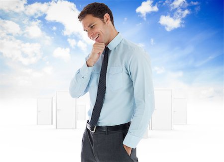 simsearch:400-08380053,k - Thoughtful businessman with hand on chin against opening door in sky Stockbilder - Microstock & Abonnement, Bildnummer: 400-07278555