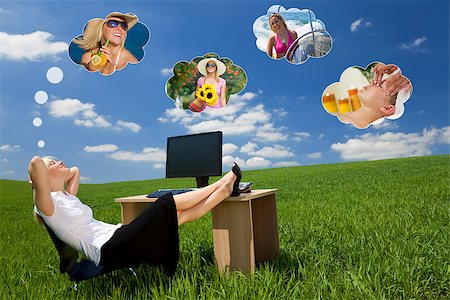Business concept shot of a beautiful young woman relaxing at a desk in a green field day dreaming, of being on holiday. Dream clouds fill the blue sky. Foto de stock - Super Valor sin royalties y Suscripción, Código: 400-07272434