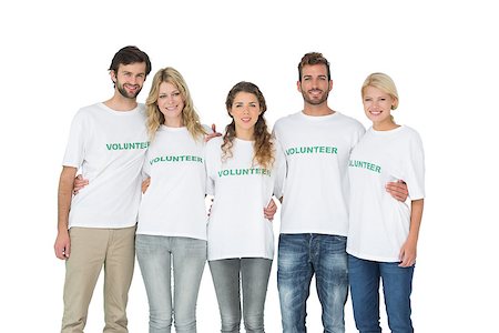 Group portrait of happy volunteers standing over white background Stockbilder - Microstock & Abonnement, Bildnummer: 400-07273304