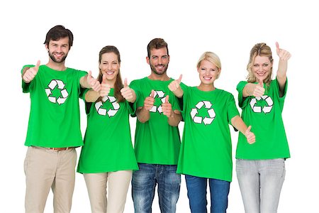 simsearch:400-07273307,k - Group portrait of young people in recycling symbol tshirts gesturing thumbs up over white background Stockbilder - Microstock & Abonnement, Bildnummer: 400-07273332
