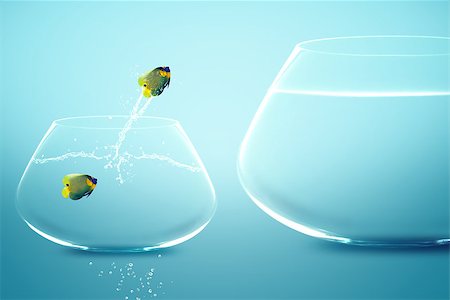 simsearch:400-06080242,k - Anglefish in small fishbowl watching goldfish jump into large fishbowl Foto de stock - Super Valor sin royalties y Suscripción, Código: 400-07288389