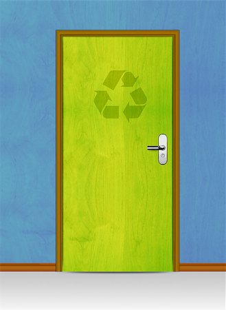 eco friendly home - wooden door with recycle sign, conceptual image. Photographie de stock - Aubaine LD & Abonnement, Code: 400-07288782