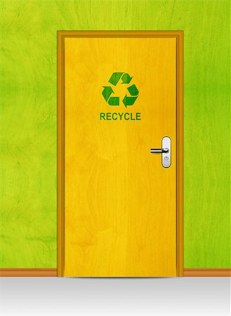 eco friendly home - wooden door with recycle sign, conceptual image. Foto de stock - Super Valor sin royalties y Suscripción, Código: 400-07288864