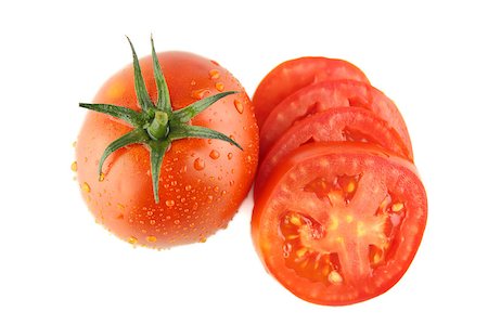 designsstock (artist) - fresh tomatoes and tomatoes slices with green leaves on white background Fotografie stock - Microstock e Abbonamento, Codice: 400-07289679