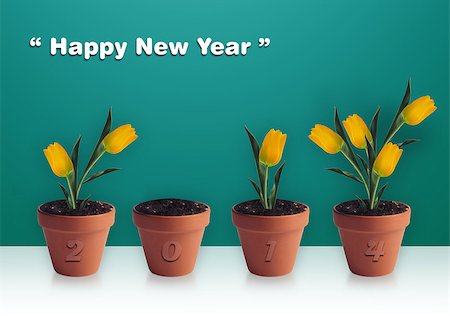 simsearch:400-06912620,k - Happy new year 2014, Group of yellow tulips in clay container. Stock Photo - Budget Royalty-Free & Subscription, Code: 400-07294414