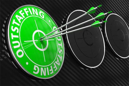 simsearch:400-07819447,k - Outstaffing Concept. Three Arrows Hitting the Center of Green Target on Black Background. Stock Photo - Budget Royalty-Free & Subscription, Code: 400-07294545