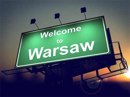 simsearch:400-07309076,k - Welcome to Warsaw - Green Billboard on the Rising Sun Background. Stock Photo - Budget Royalty-Free & Subscription, Code: 400-07294579