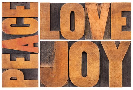 simsearch:400-08223086,k - peace, love and joy typography  abstract - a collage of isolated words in letterpress wood type Stockbilder - Microstock & Abonnement, Bildnummer: 400-07294727