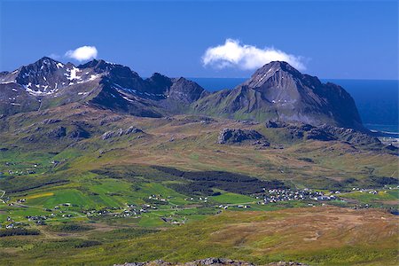 simsearch:400-07087598,k - Picturesque panorama on Lofoten from Justadtinden with green lowlands, snowy peaks of mountains and Atlantic ocean in the background Stock Photo - Budget Royalty-Free & Subscription, Code: 400-07294972