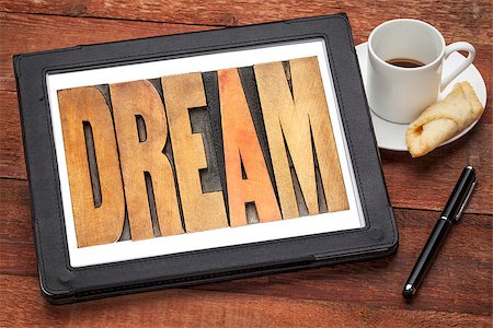 simsearch:400-07179122,k - dream word in wood type on a digital tablet with a cup of coffee Stock Photo - Budget Royalty-Free & Subscription, Code: 400-07295040