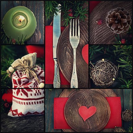 Restaurant series. Collage of rustic Christmas dinner.  Holiday luxury table setting with heart, red ornaments and holly Stock Photo - Budget Royalty-Free & Subscription, Code: 400-07295553