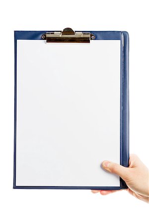 simsearch:400-08132580,k - Hand holding clipboard with blank sheet of paper isolated on white background Stock Photo - Budget Royalty-Free & Subscription, Code: 400-07296216